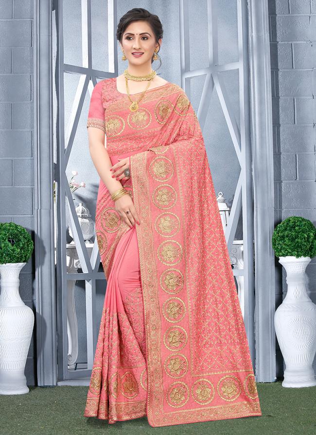 Vichitra Blooming Silk Baby Pink Festival Wear Zari Embroidery Work Saree